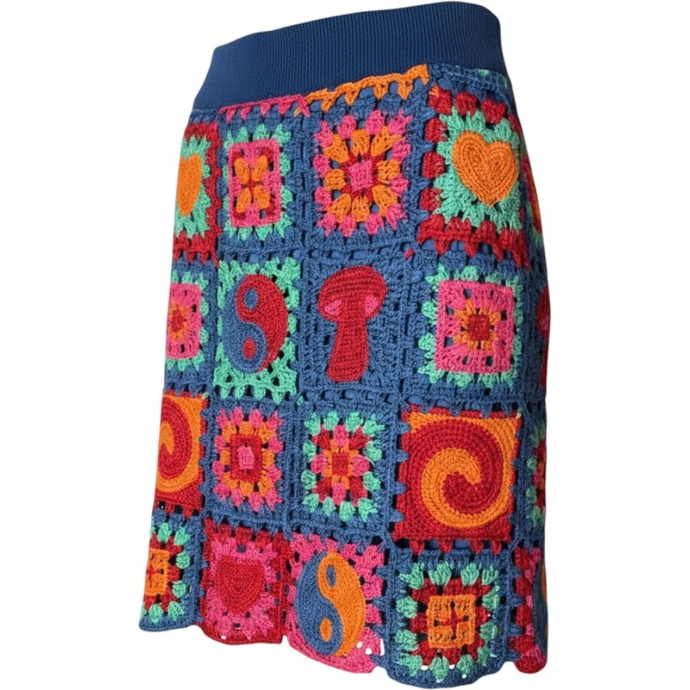 Farm Rio Crochet Mini Skirt Womens XL Blue NWT Multi Granny Square Mushroom - Picture 2 of 15